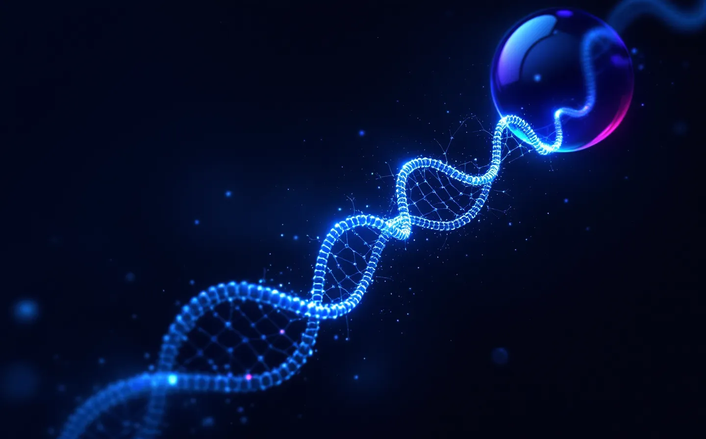 Abstract luminous five-node peptide chain approaching a receptor, on a dark cool gradient ground